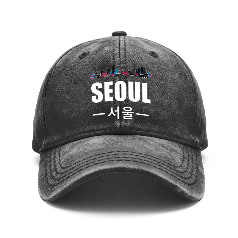 1pc Vintage Washed Unisex Baseball Caps, Seoul Skyline, Modern Cityscape Design Print Pattern, Adjustable, Suitable for Outdoor Activities and Casual Wear, Gifts for Men and Women, Friends.
