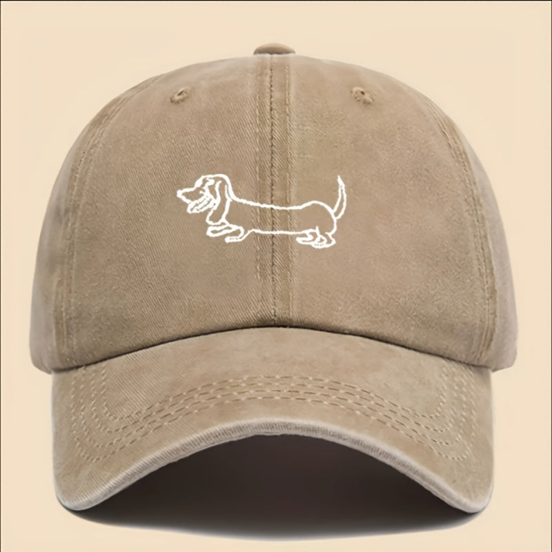 Vintage Washed Baseball Cap with Adorable Dachshund Embroidery - Black Textile, Breathable & Durable Unisex Casual Outdoor Hat for Men and Women, Hand Washable, Casual Headwear | Embroidered Cap | Breathable Fabric