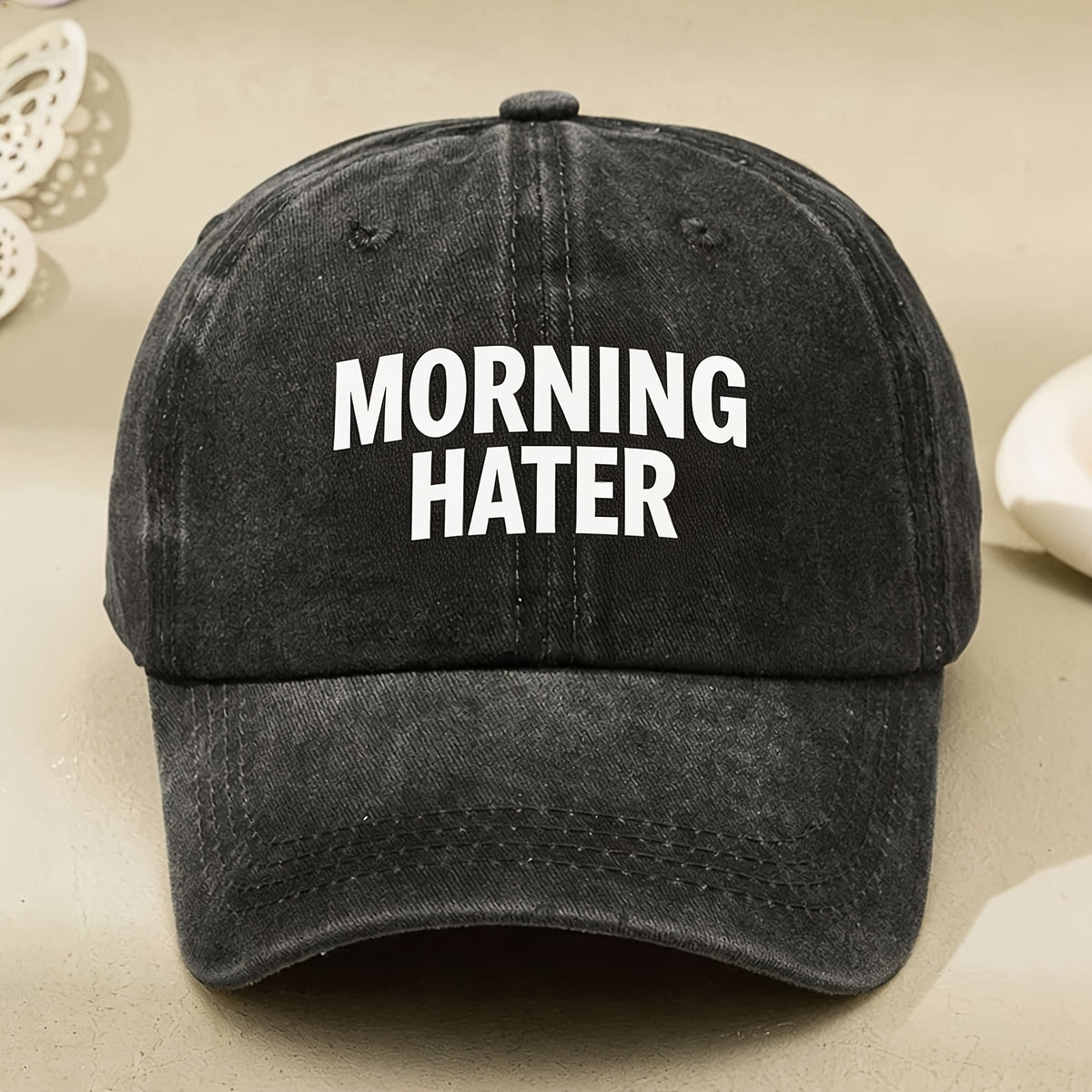 Morning Hater Funny Quote Vintage Cap for Men & Women - Retro Black Baseball Hat with Full Print Text, Machine Washable, Adjustable Pull String Closure, Casual Streetwear Gift Suitable for Parties, Gifts, Casual Attire