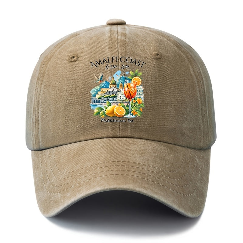A Unisex Fashionable and Versatile Printed Baseball Cap Featuring the Italian Amalfi Coast. This Classic Vintage-washed Outdoor Lightweight Curved-brim Hat Is Also Known as a Trucker Cap. Suitable for Casual Occasions Such as Outdoor Vacations