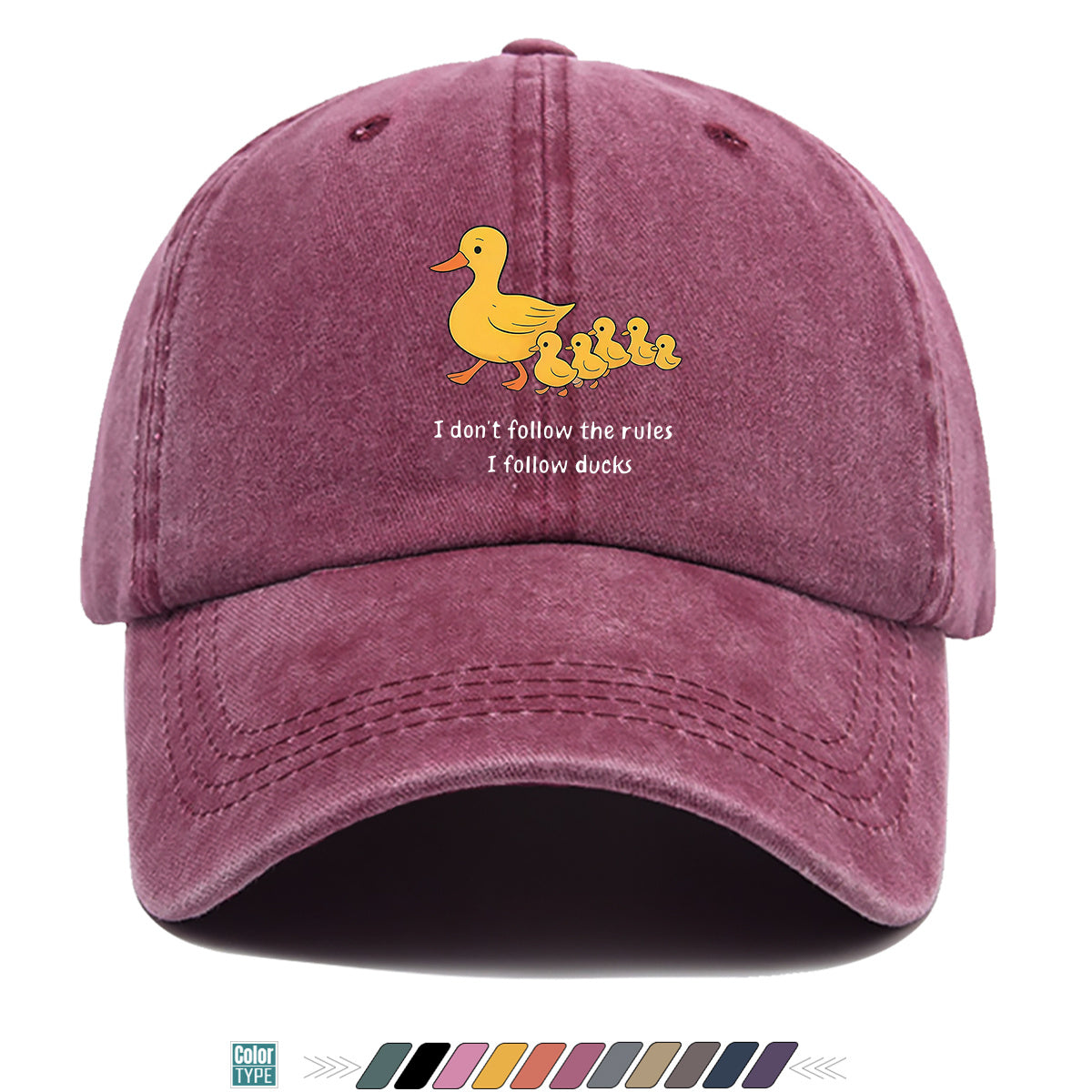 1pc Cartoon Mother Duck with Five Ducklings Print Baseball Cap, Retro Glitch Art Style Striped Background, Funny Slogan "I Don'T Follow The Rules, I Follow The Ducks", Comfortable And Breathable Sun Hat