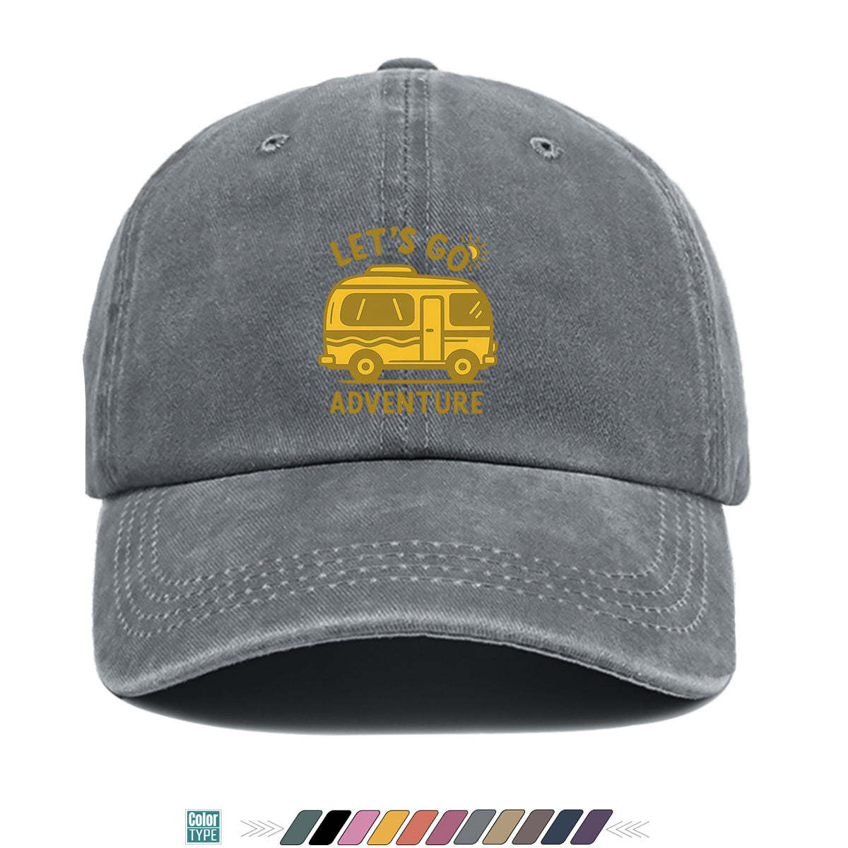 1pc "LET's GO ADVENTURE" Camper Van Print Baseball Cap, Vintage Yellow RV Pattern Sun Hat, Fashionable Casual Sun Hat, Unisex Adjustable Duckbill Cap for Outdoor Adventures, Road Trips, Camping Picnics, Weekend Outings, Park Strolls, Beach Vacations