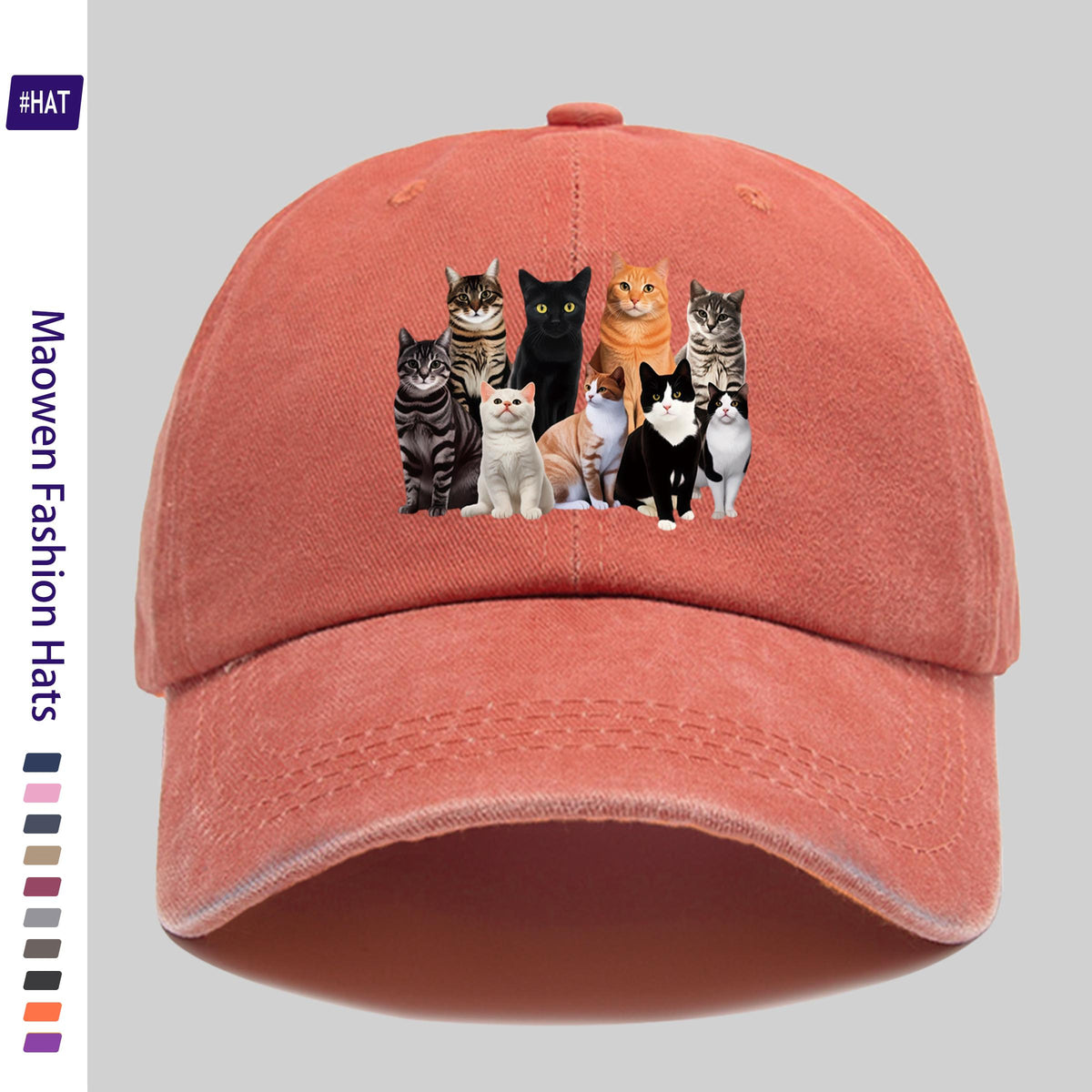 1 Vintage-style Adjustable Sports Cap, Featuring Various Cat Pattern Prints, a Washed-out Look, Suitable for Outdoor Leisure, a Fashionable Printed Breathable Baseball Cap, a Must-have Fashion Item, Ideal for Outdoor Sports and Travel Camping
