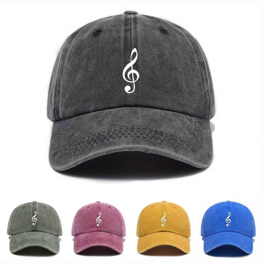 Unisex Adjustable Baseball Cap with Treble Clef Print, Urban Retro Washed Design, Available in 5 Colors (Black/Dark Gray/Purple/Mustard Green/Midnight Blue), Outdoor Casual Hat, Street Fashion, Breathable Fabric, Vintage Style