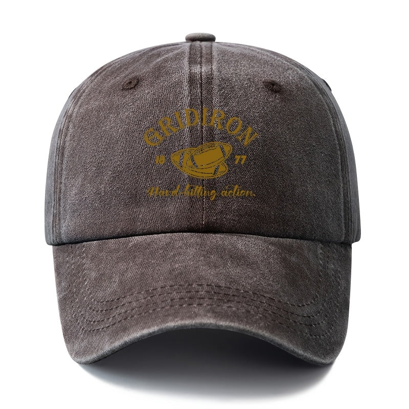 A Stylish And Versatile Unisex Printed GRIDIRON Baseball Cap, Featuring a Classic Retro Washed Design Suitable for Outdoor Activities. This Lightweight Curved-Brim Hat Is Perfect for Truck Drivers And Is Ideal for Casual Occasions Like Outdoor Vacat