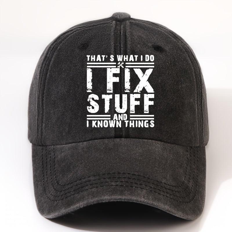 EOXF Vintage Washed Baseball Cap- Black with the Text "I Fix Stuff, " Adjustable Strap, Breathable Six-panel Design, Suitable for Mechanics, DIY Enthusiasts, and Everyday Casual Wear- Unisex Headwear, Vintage Style, Adjustable Size