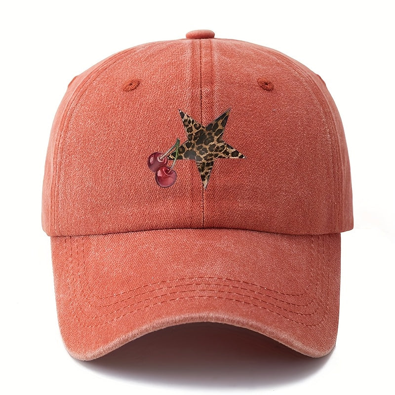 Unisex Fashion Versatile Printed Cherry Leopard Print Five-Pointed Star Baseball Cap, Classic Retro Washed Outdoor Lightweight Curved Brim Cap, Trucker Baseball Cap, Suitable for Outdoor Vacations, Travel, Camping, And Other Leisure Occasions