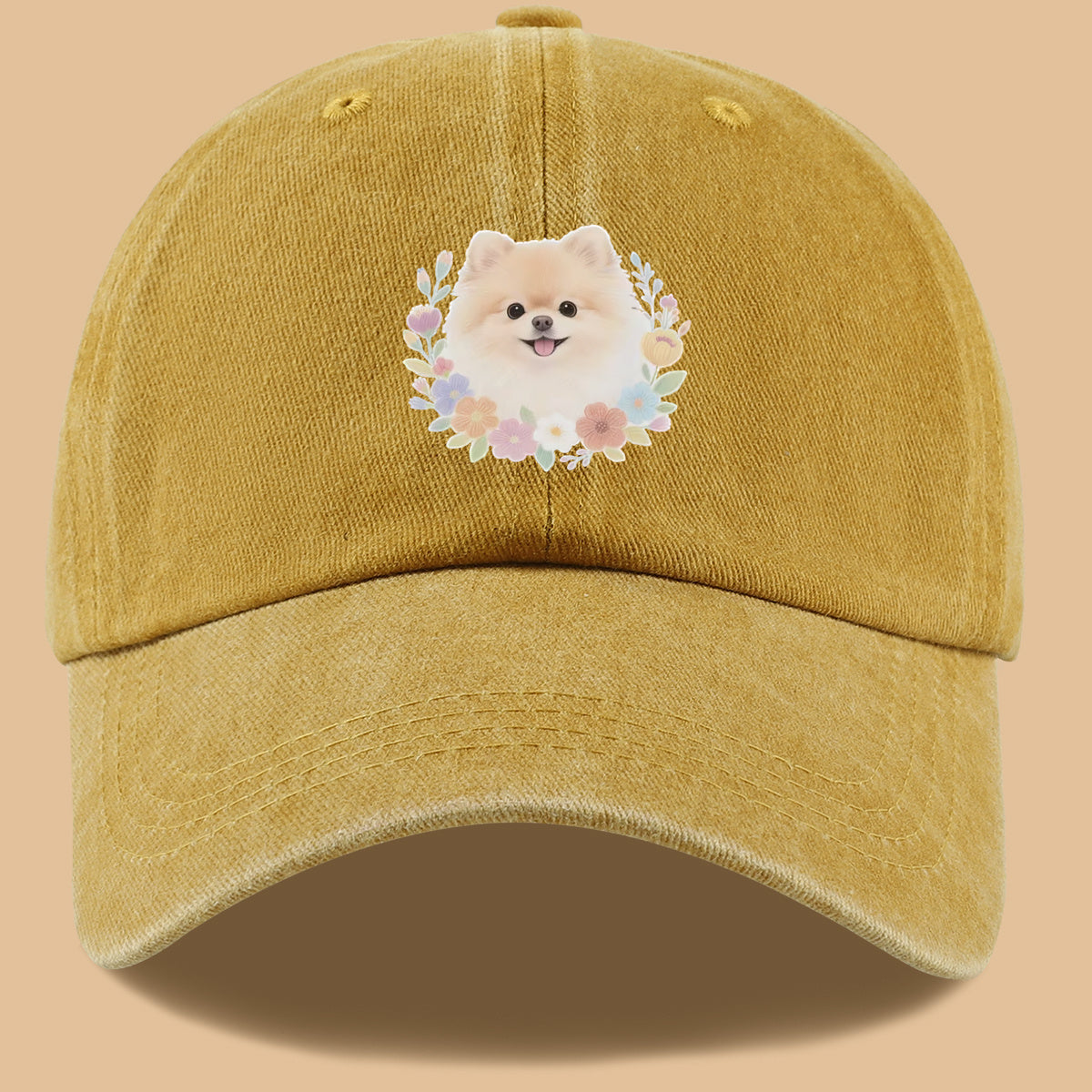 1pc Cute Pomeranian Dog Floral Surround Print Baseball Cap, Adorable Cartoon Breathable Sun Hat, Fashionable Fresh Aesthetic Unisex Cap, Adjustable Size Casual Streetwear, Campus Student Hat, Suitable for Daily Commuting, Park Outings