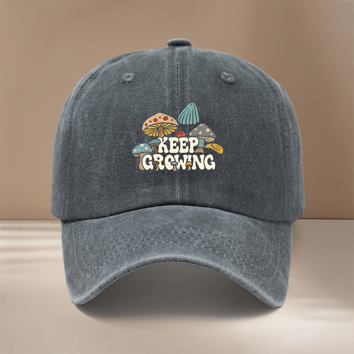 Baseball Cap with "KEEP GROWING" Text and Mushroom Pattern, Suitable for Vacations, Travel, Dinners, and Camping. Six-panel Design with Adjustable Size, Textured Hip-hop Style. Comfortable and Lightweight Curved-brim Cap, Unisex Snapback, Casual Hat