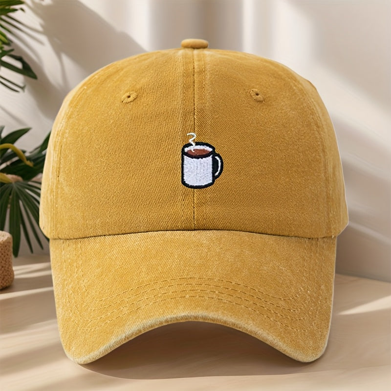 High-Quality Baseball Cap with Coffee Cup Embroidery, Lightweight, Soft, Comfortable, Sweat-Absorbing, Breathable, Classic Washed Vintage Hat for Outdoor Leisure, Sports, Shopping, Vacation, Camping, Sun Protection