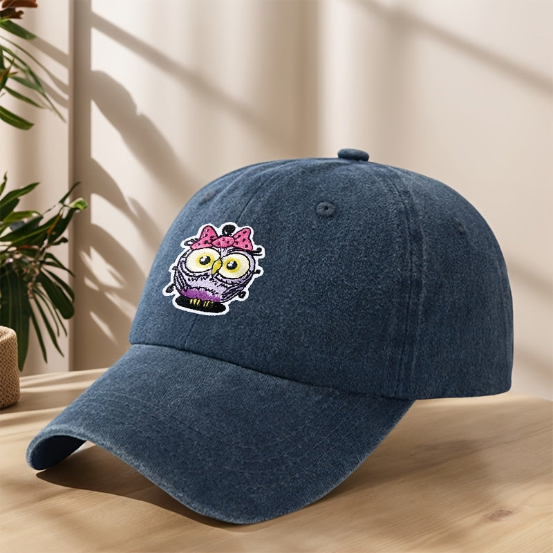 Vintage Washed Duckbill Baseball Cap with Owl Patch - Distressed Soft Breathable Sweat-Absorbent Suitable for Outdoor,, Camping, Fishing, Streetwear Hat, Washed Retro for Climbing and Casual Wear