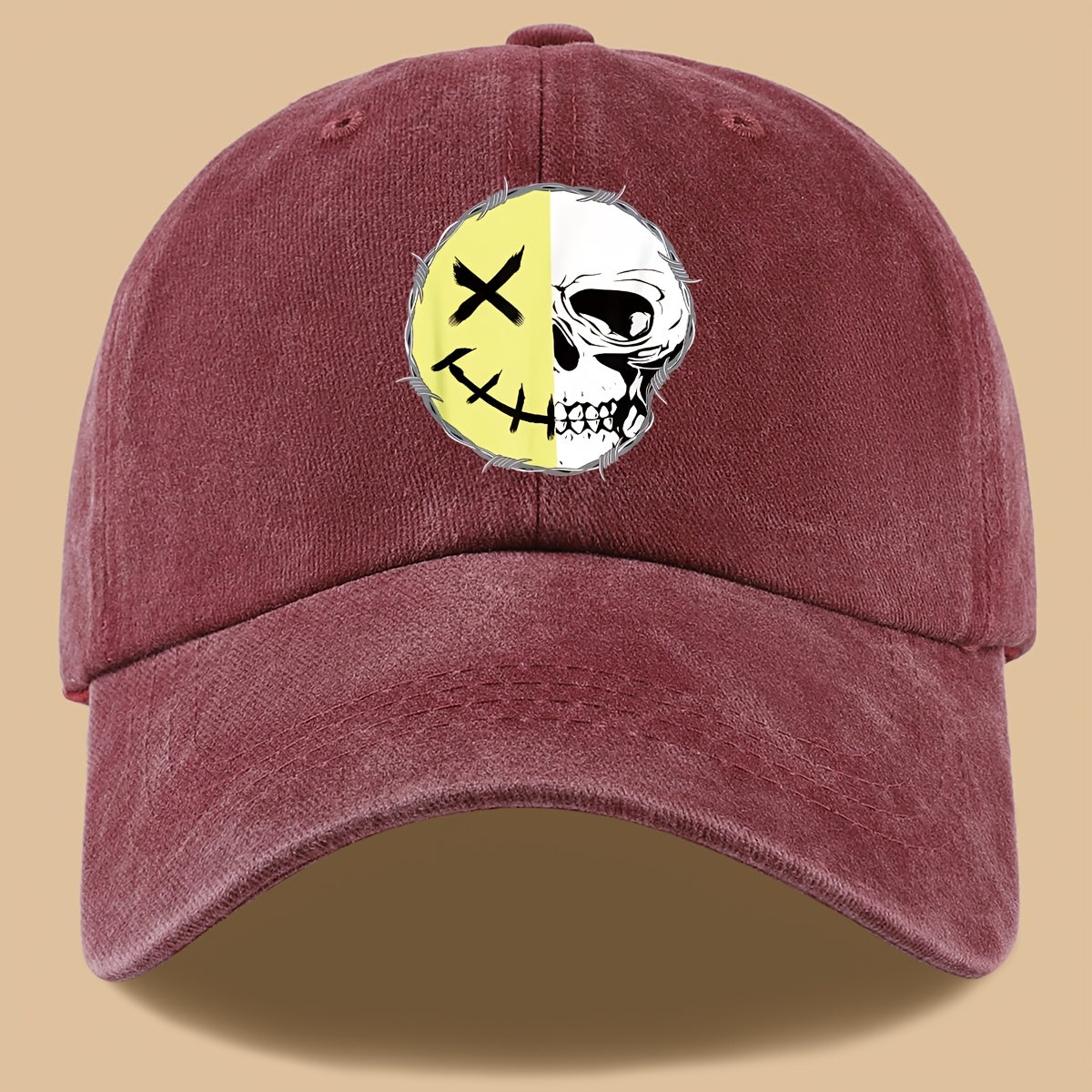 1pc Creative Smiling Face Half Skull Print Baseball Cap, Urban Casual Headwear, Individual All-Match Casual Clothing Accessory, Men And Women Outdoor Universal Dad Hat, Adjustable Size, Breathable Comfortable Vintage Black Papa Trucker Hat