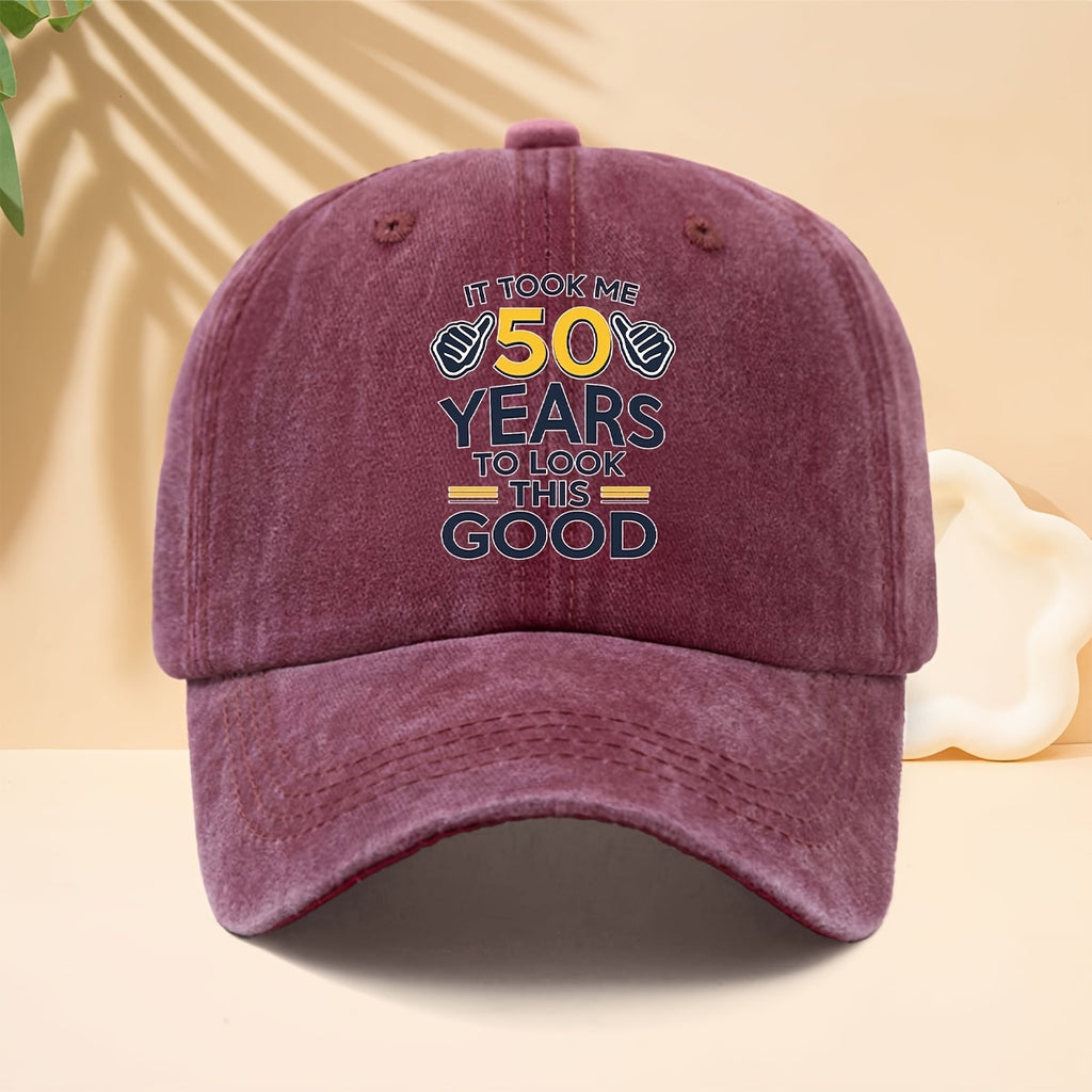 50Th Birthday Commemorative Washed Baseball Cap Self-Deprecating Humorous Slogan Distressed Dad Hat Retro Distressed Soft Top Hat Trucker Cap Casual All-Match Can Be Party Gift Or Wearable Item Making The Birthday Star The Center of Attention Daily