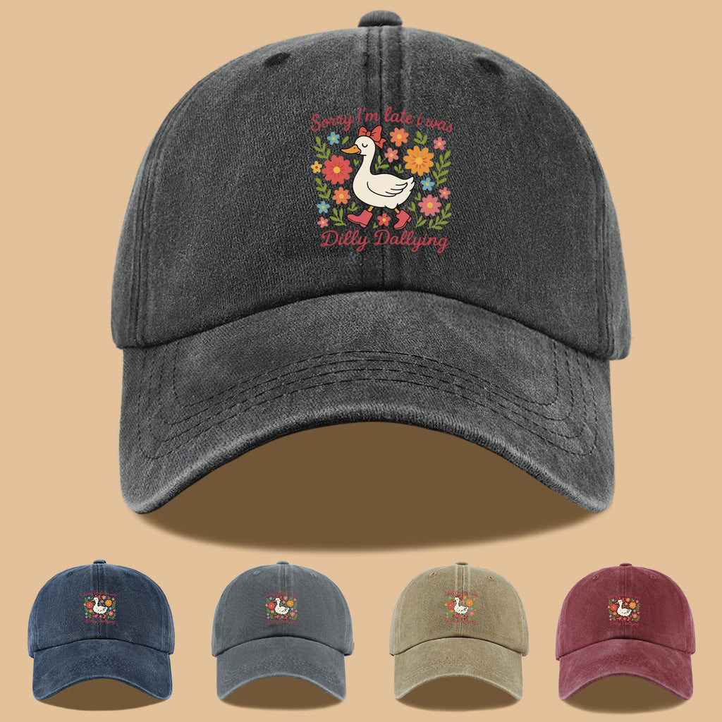 1pc Cute Duck "Sorry I'M Late, I Was Procrastinating" Printed Baseball Cap, Comfortable Breathable Sun Hat, Fashionable And Aesthetic Unisex Baseball Cap, Adjustable Size, Casual Duckbill Cap, Suitable for Picnics, Shopping, Dates, Walks, Vacations