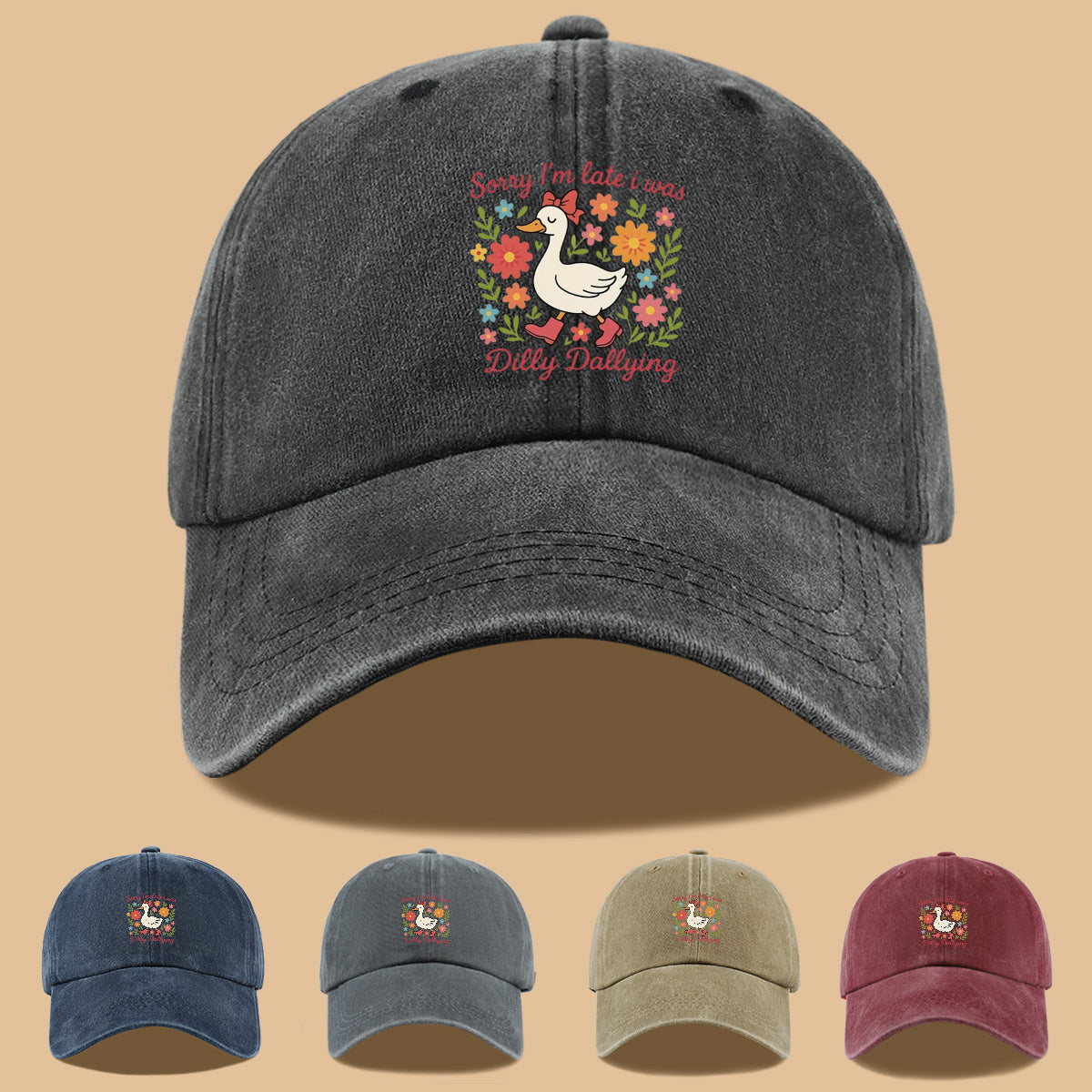 1pc Cute Duck "Sorry I'M Late, I Was Procrastinating" Printed Baseball Cap, Comfortable Breathable Sun Hat, Fashionable And Aesthetic Unisex Baseball Cap, Adjustable Size, Casual Duckbill Cap, Suitable for Picnics, Shopping, Dates, Walks, Vacations