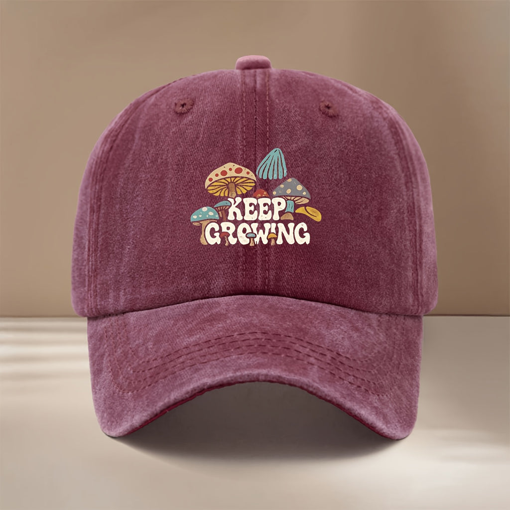 Baseball Cap with "KEEP GROWING" Text and Mushroom Pattern, Suitable for Vacations, Travel, Dinners, and Camping. Six-panel Design with Adjustable Size, Textured Hip-hop Style. Comfortable and Lightweight Curved-brim Cap, Unisex Snapback, Casual Hat