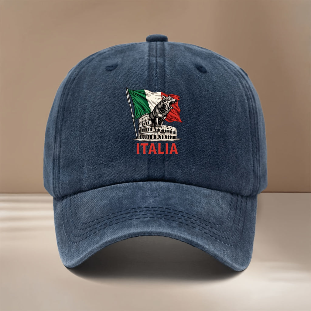 Baseball Cap with "ITALIA" Text and Wolf Graphic, All-season Versatile Fit, Casual and Relaxed Style, Textured Six-panel Design, Comfortable and Lightweight Hip-hop Cap, Adjustable Size, Curved Brim, Unisex Snapback, Trendy and Fashionable for Sports