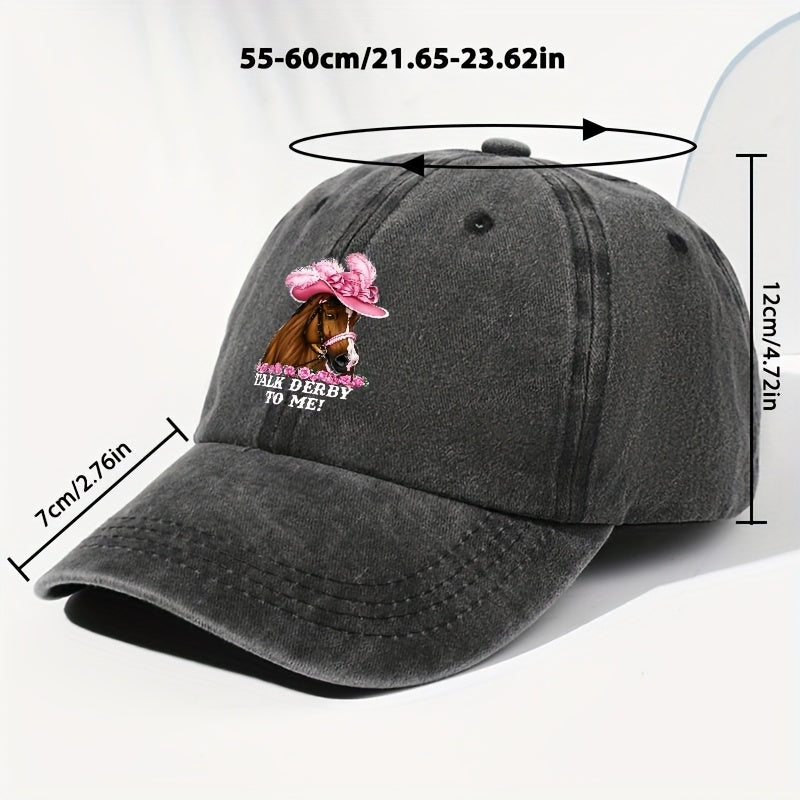 Unisex Adjustable Baseball Cap, Pink Horse Pattern with "Talk Derby to Me!" Print - Lightweight 100%, Machine Washable Vintage Design, Ideal for Casual Outdoor And Daily Wear