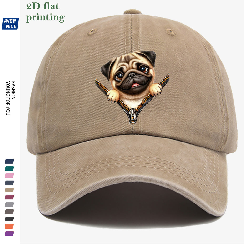 1pc Pug Zipper Print Baseball Cap, Cute Animal Pattern Headwear, Fashionable and Versatile Hat Accessory, Unisex Street Style Hat with Adjustable Size, Slimming and Face-Shaping, Suitable for Daily Outings, Parties, Dates, Shopping, Outings
