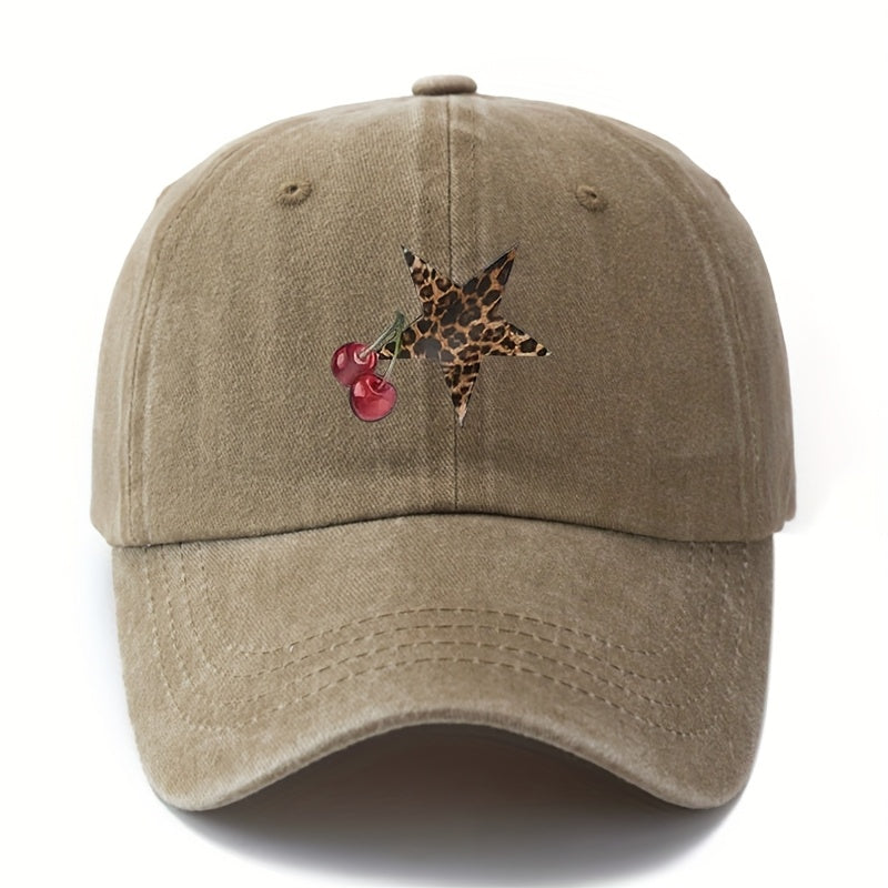 Unisex Fashion Versatile Printed Cherry Leopard Print Five-Pointed Star Baseball Cap, Classic Retro Washed Outdoor Lightweight Curved Brim Cap, Trucker Baseball Cap, Suitable for Outdoor Vacations, Travel, Camping, And Other Leisure Occasions