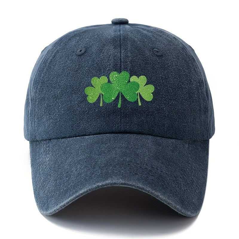 Green Clover Print Adjustable Snapback Cap - Outdoor Textile Hat with Four- Clover, Comfortable Casual Wear for, Camping, Travel, Ideal Gift Suitable for Couples & Outdoor Activities