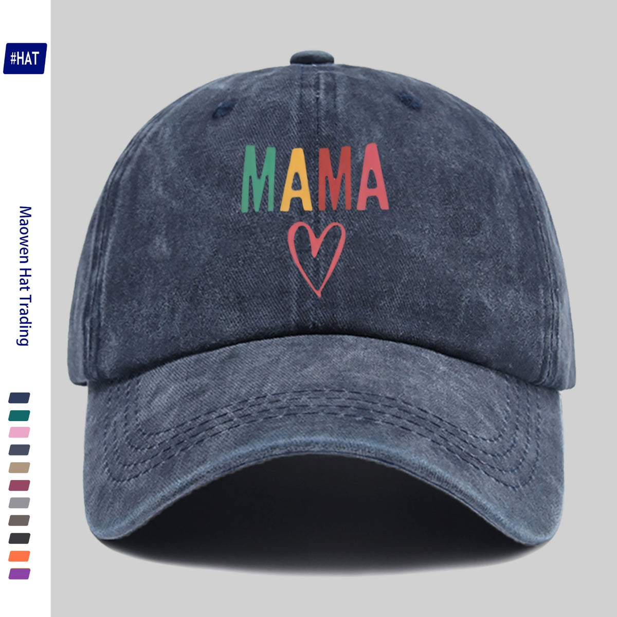 1 Vintage Washed Distressed Baseball Cap, Featuring a Fashionable and Minimalist Aesthetic, Unisex Cap with Multi-color MAMA Heart-shaped Print Design, Adjustable Size, Trendy Street Style, Trucker Dad Hat, Suitable for Outdoor Fishing, Hunting, And