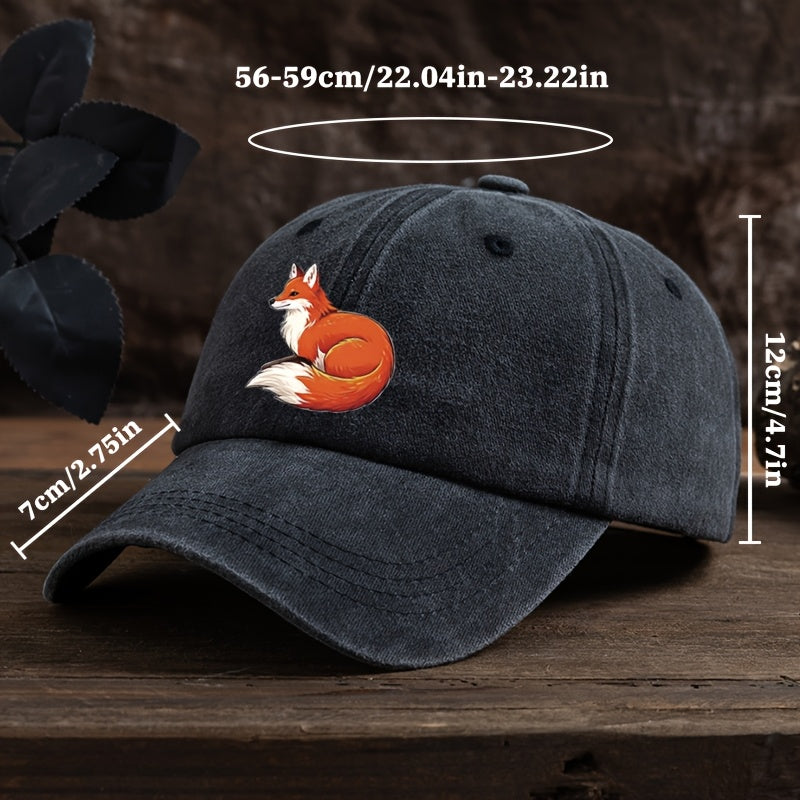 Fun Fox Print Baseball Cap Classic Washed Distressed Retro Curved Brim Hat Outdoor Casual Sports Running Hiking Camping Fishing Hat Soft Comfortable Dad Hat Individual Street Rock Hip-Hop Hat