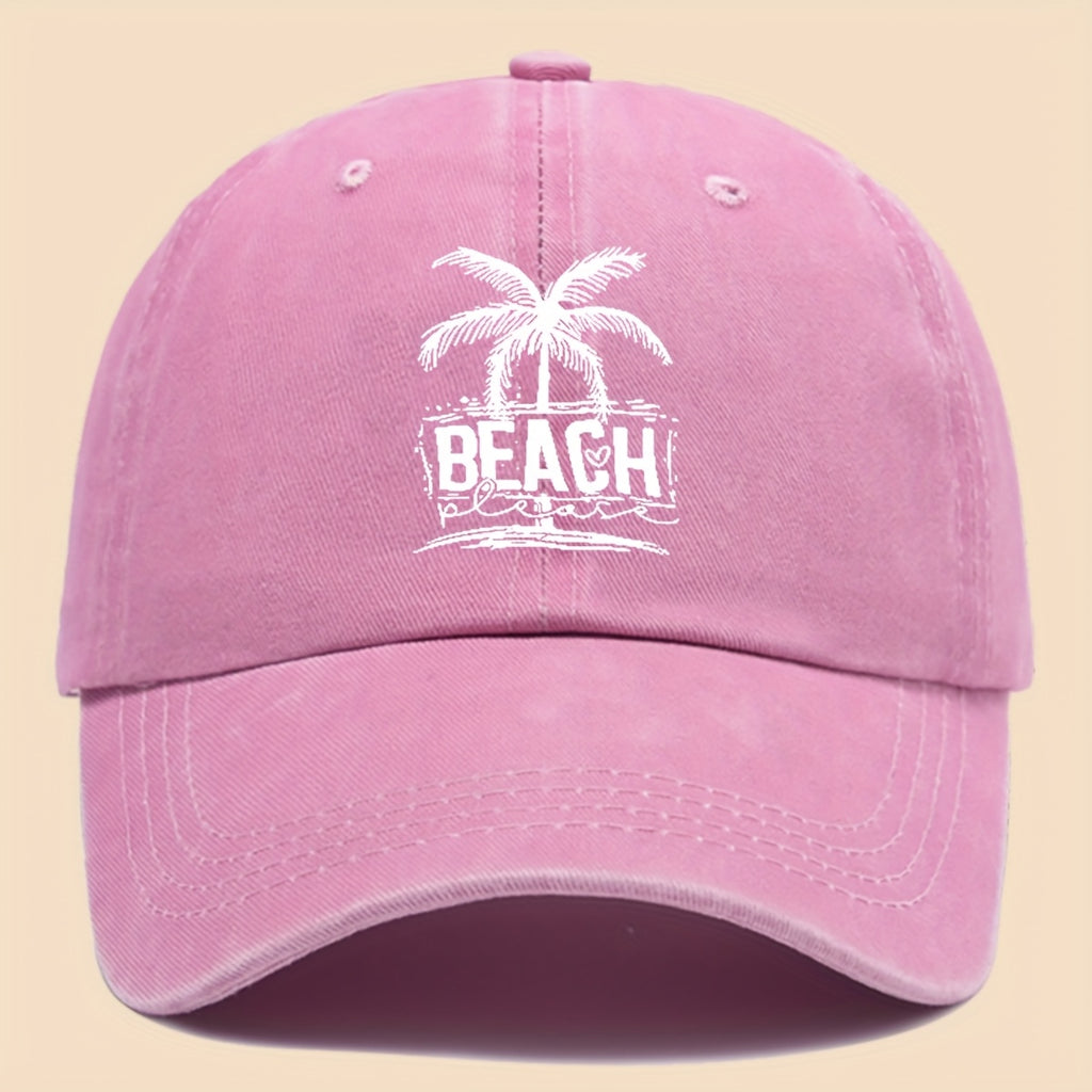 1pc Cool & Breezy Unisex Washed Baseball Cap | Tropical Palm Tree and Beach Print, Adjustable for Couples, Perfect for Surfing, Cycling, Hiking, and Parties - Polyester, Hand Wash Only