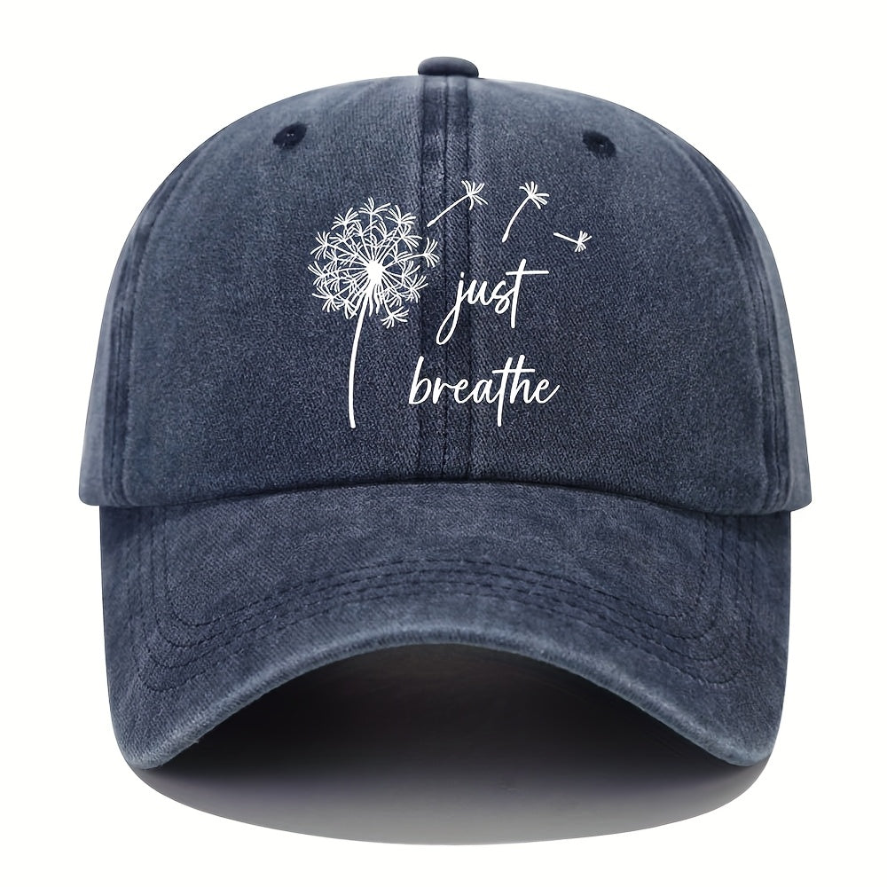 [Everyday Comfort] Vintage Washed Cotton Baseball Cap with "Just Breathe" Dandelion Print - Adjustable Sun Hat for Golf, Casual Wear, and Outdoor Activities, Golf Hat