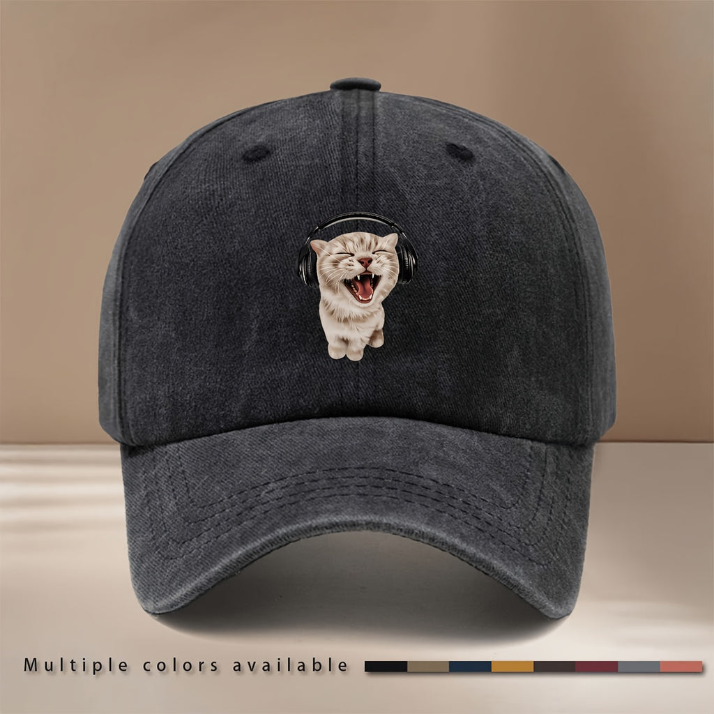 This Is a Baseball Cap with Printed Hi-Cat Wearing Headphones, Casual Adjustable Size Duckbill Hat Unisex Trendy Easy Curved Cap Outdoor Sports Dining Camping Matching Comfortable Individual 6-Panel Cap Sports Event Support Matching Lightweight Hip
