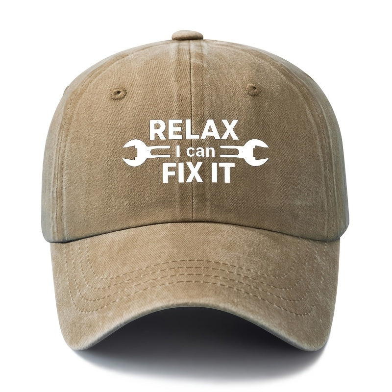 A Unisex Fashionable and Versatile Printed RELAX FIX IT Baseball Cap, Featuring a Classic Vintage Washed Lightweight Curved Brim. This Trucker Baseball Cap Is Suitable for Casual Occasions Such as Outdoor Vacations, Travel, and Camping. It Also Works