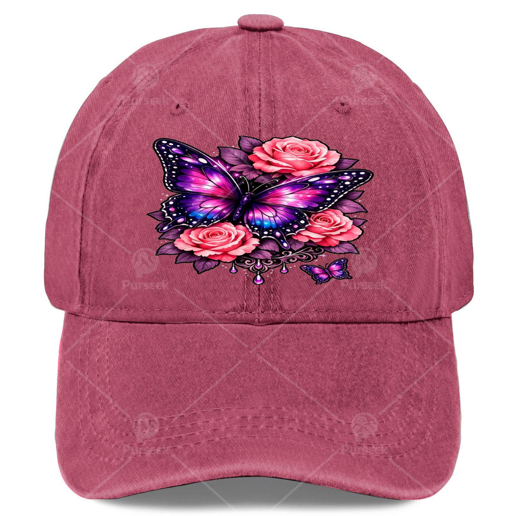Men' & Women' Classic Baseball Cap with Butterfly & Purple Rose Print - Adjustable Pull-String Closure, Machine Washable Sporty Hat Suitable for Butterfly Enthusiasts, Casual Wear, Outdoor Activities, Gift