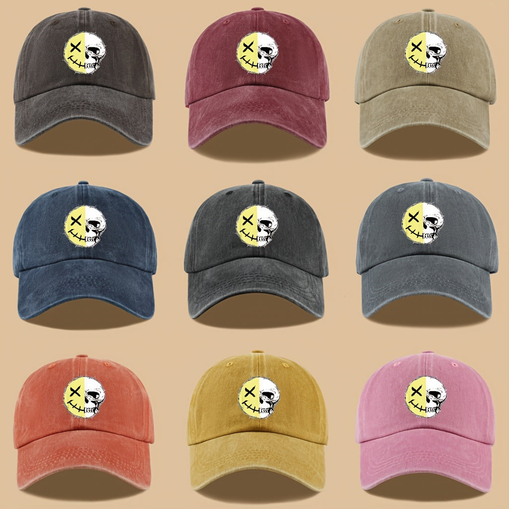 1pc Creative Smiling Face Half Skull Print Baseball Cap, Urban Casual Headwear, Individual All-Match Casual Clothing Accessory, Men And Women Outdoor Universal Dad Hat, Adjustable Size, Breathable Comfortable Vintage Black Papa Trucker Hat