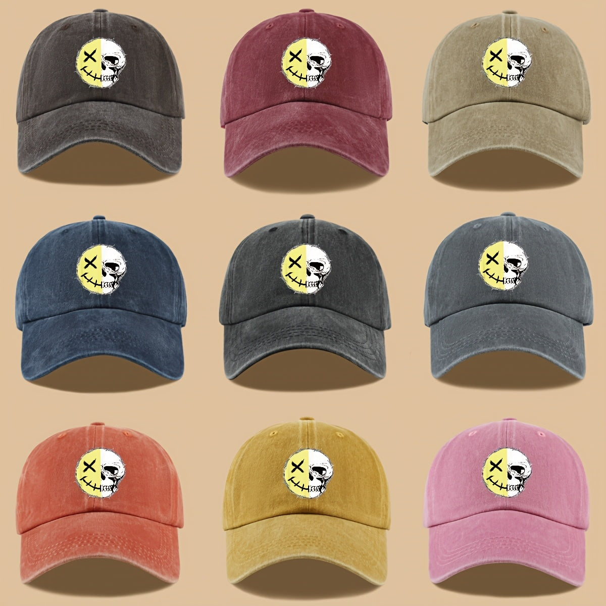 1pc Creative Smiling Face Half Skull Print Baseball Cap, Urban Casual Headwear, Individual All-Match Casual Clothing Accessory, Men And Women Outdoor Universal Dad Hat, Adjustable Size, Breathable Comfortable Vintage Black Papa Trucker Hat