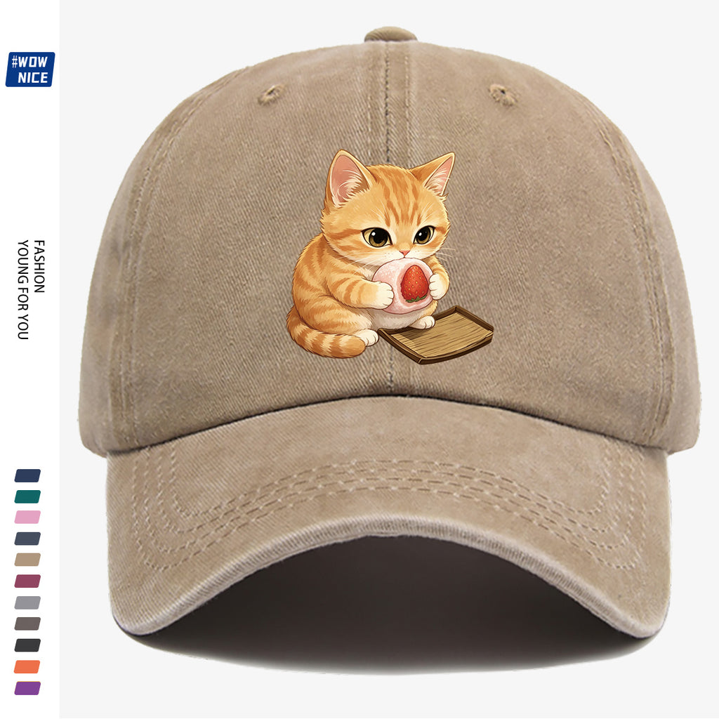 1pc Orange Striped Kitten Holding Strawberry Big Stamp Pattern Baseball Cap, Cute And Playful Fashion Casual Unisex Adjustable Size, Daily Outing, Coffee Shop Gathering, Park Stroll, Shopping Fun, Best Friend Date, Weekend Picnic, Relaxed Commute