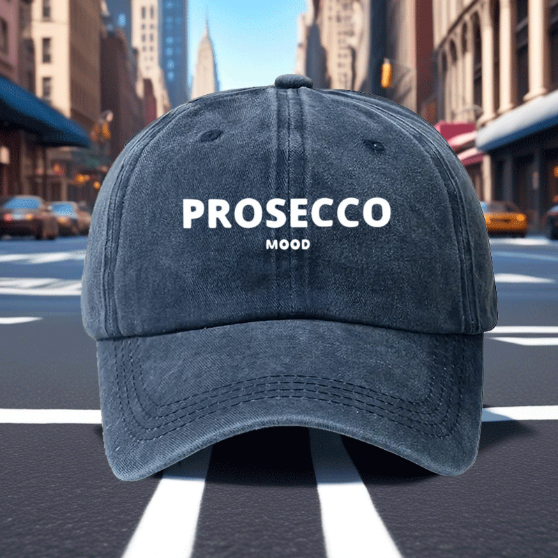 Adjustable Vintage Washed Baseball Cap with Prosecco Mood Print | Breathable Dad Hat for Men & Women, Casual Vacation Headwear, Comfortable Fit Cap | Polyester, Woven, Hand Wash Care