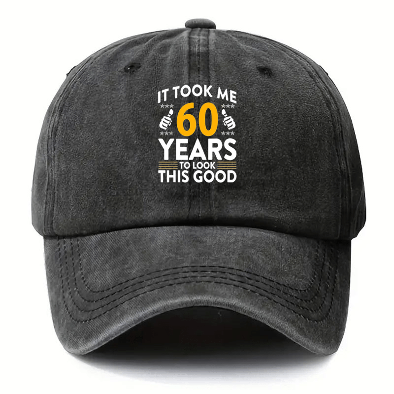 Vintage Distressed Baseball Cap Compatible for Golf & Outdoor - 'It Takes Me 60 Years to Look This Good' Print, Adjustable Unisex Hat with Breathable Black Fabric & Yellow/White Lettering, Funny Aged Look for Seniors & Casual Wearers