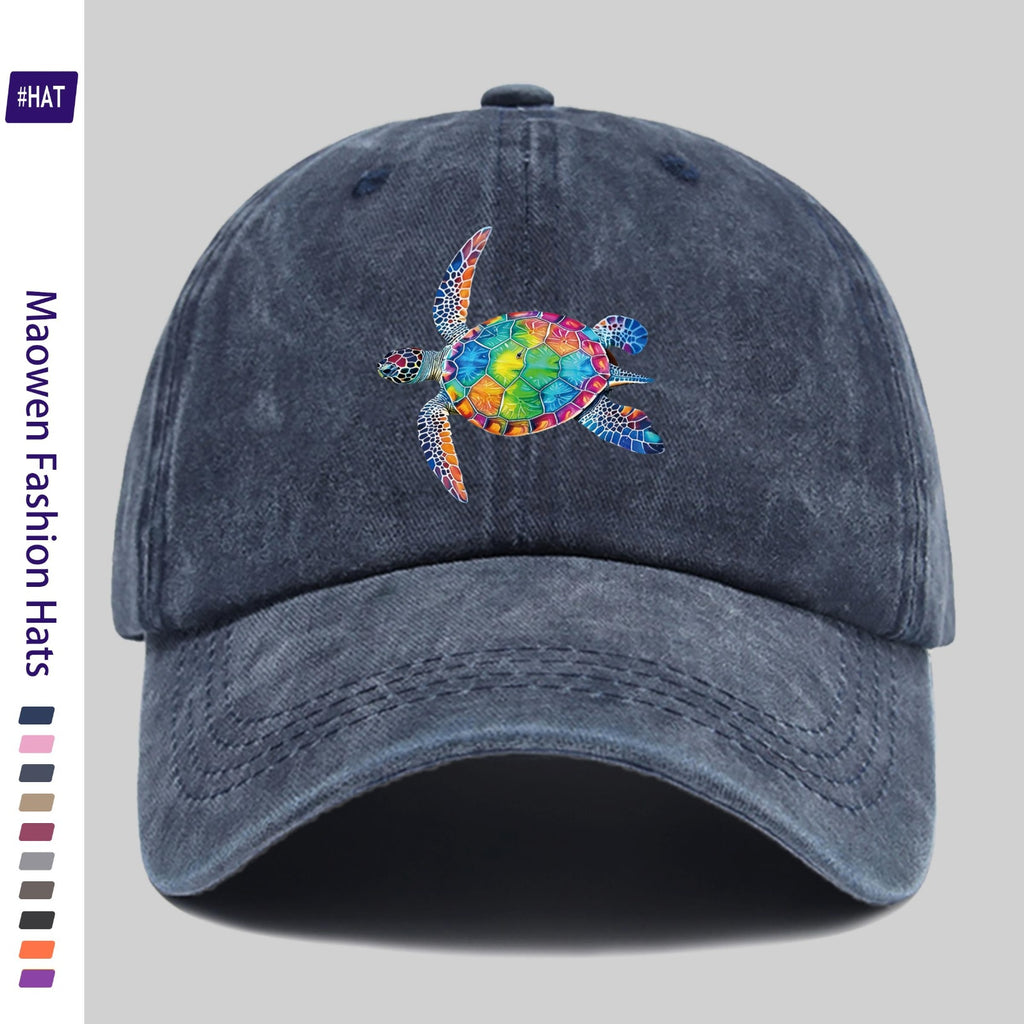 Washed Baseball Cap with Colorful Turtle Pattern Heat Transfer Design, New Vintage Style Cap for Autumn And Winter, Unisex, Adjustable, Lightweight Outdoor Cap, Suitable for All Seasons, Ideal for Travel And Leisure, Suitable for Sports