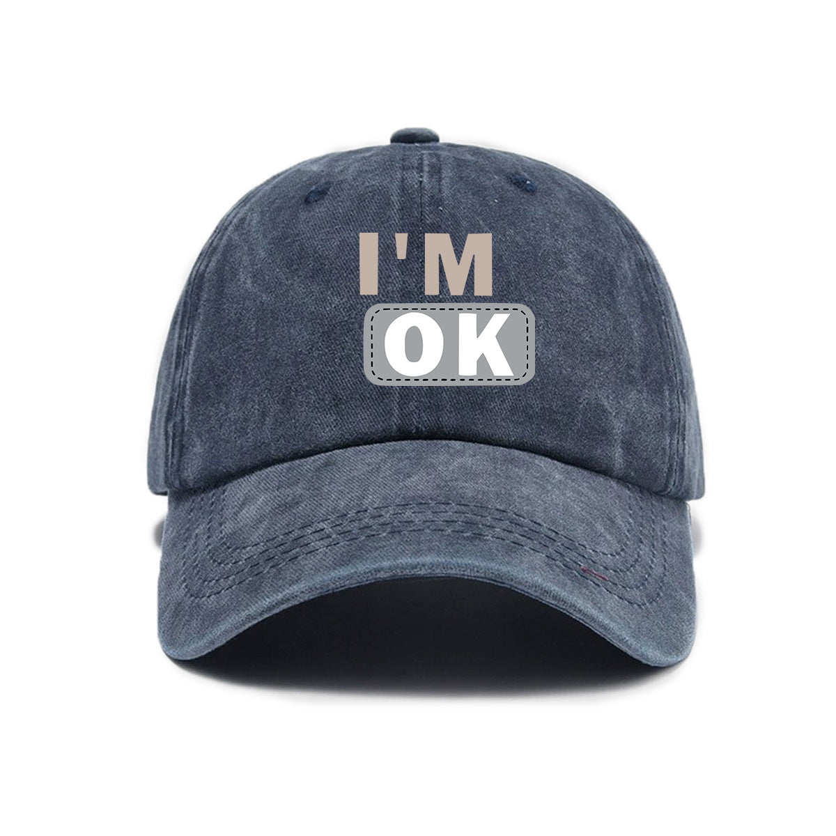 1 Washed Distressed Printed Baseball Cap for Adults, Simple "I'M OK" Letter Print, Washed Distressed Soft Top Sun Baseball Cap, Unisex Baseball Cap