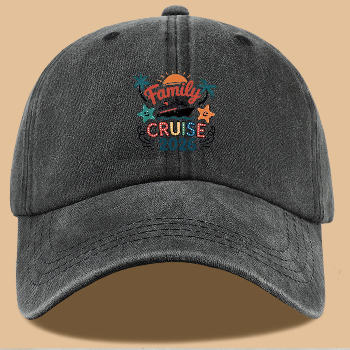 1pc "Family Mail Steamer 2025.98inch" Themed Printed Baseball Cap, Fun Cartoon Mail Steamer Ship, Stars, Palm Trees, Sunset Pattern, Fashionable Casual Sun Hat, Unisex, Adjustable Size, Dad's Fishing Hat, Mom's Vacation Hat, Suitable for Family