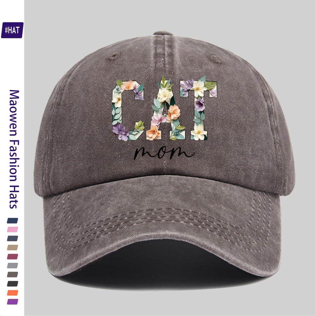 1 Washed Baseball Cap, Featuring a Floral Cat Mom Theme Iron-on Transfer Print Design, Vintage-style Distressed Baseball Cap for Autumn, Unisex Lightweight Outdoor Cap, Suitable for All-season Travel and Leisure, Adjustable Size Trucker Dad Hat, Idea