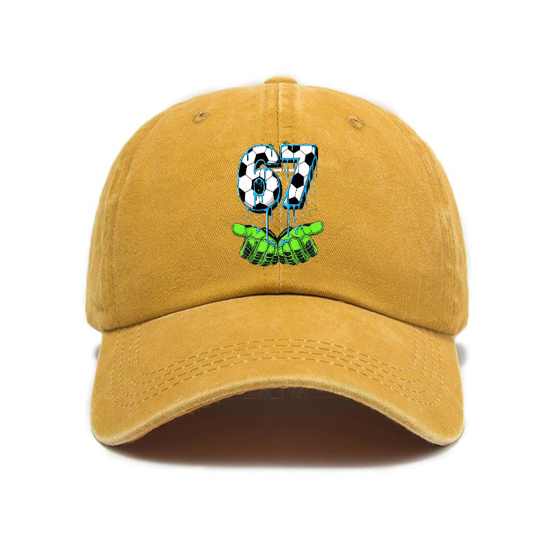 Fashionable Versatile Style 67 Number Print Washed Distressed Soft Top Sunshade Soft Top Baseball Cap Unisex Hat
