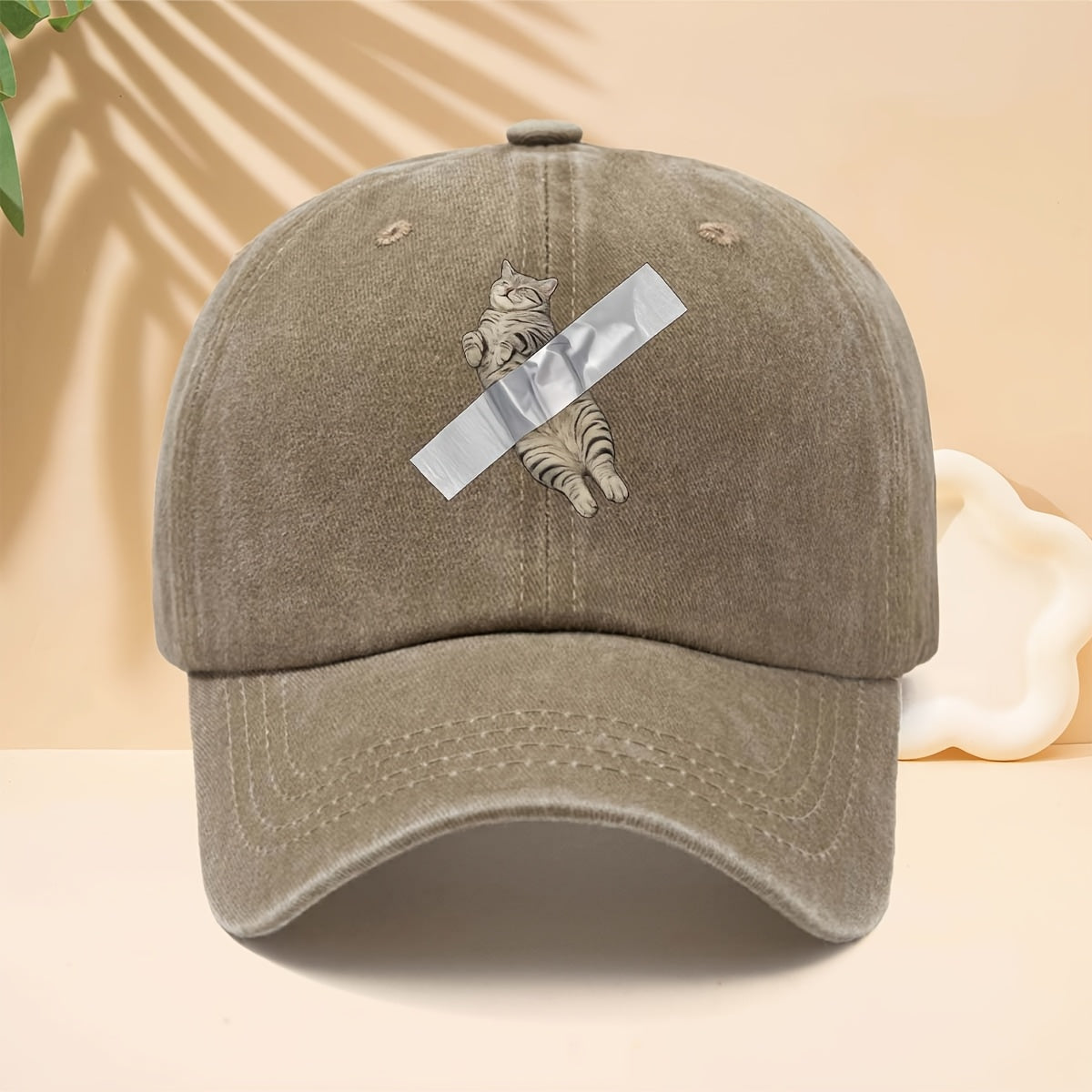 Adjustable Cat Tape-Printed Baseball Cap with Tape-Themed Tab & Curved Brim - Soft Top Trucker Hat Suitable for All- Wear, Unisex for Men & Women, Casual, Parties, Hip-Hop Outfits - Durable Comfortable Design