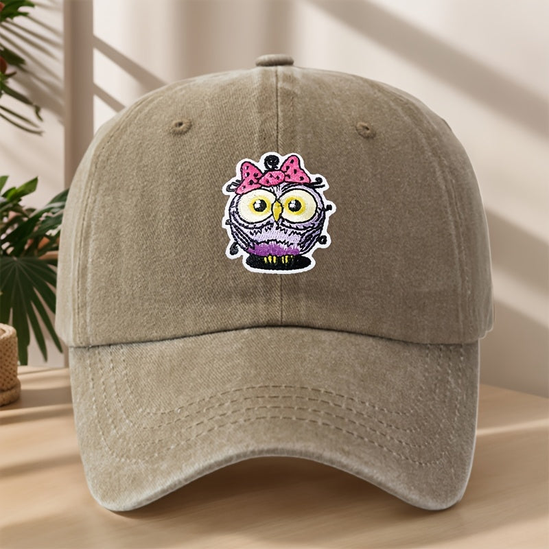 Vintage Washed Duckbill Baseball Cap with Owl Patch - Distressed Soft Breathable Sweat-Absorbent Suitable for Outdoor,, Camping, Fishing, Streetwear Hat, Washed Retro for Climbing and Casual Wear