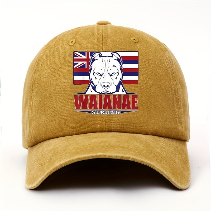 WAIANAE Men'S Hawaiian Flag & Dog Graphic Baseball Cap - Adjustable Lightweight Retro Streetwear Hat for Outdoor Sports, Patriotic Hip Hop Style, Soft Fabric, Thanksgiving/Father'S Day Gift