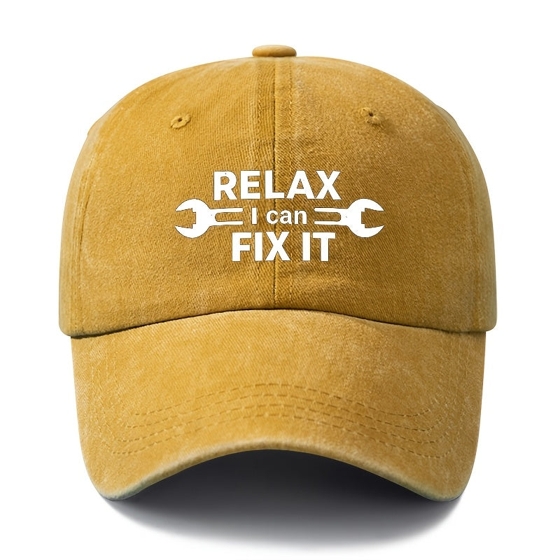 A Unisex Fashionable and Versatile Printed RELAX FIX IT Baseball Cap, Featuring a Classic Vintage Washed Lightweight Curved Brim. This Trucker Baseball Cap Is Suitable for Casual Occasions Such as Outdoor Vacations, Travel, and Camping. It Also Works
