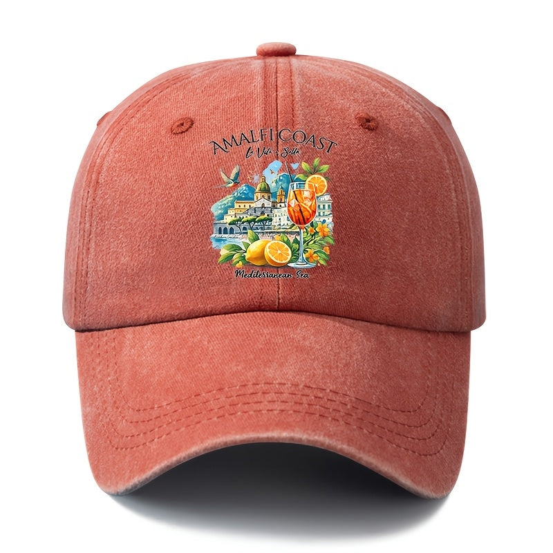 A Unisex Fashionable and Versatile Printed Baseball Cap Featuring the Italian Amalfi Coast. This Classic Vintage-washed Outdoor Lightweight Curved-brim Hat Is Also Known as a Trucker Cap. Suitable for Casual Occasions Such as Outdoor Vacations
