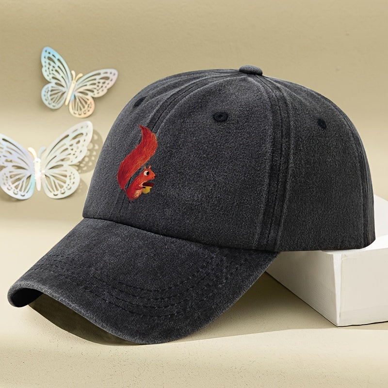 Little Squirrel Cartoon Print Women'S Baseball Cap, Spring/Summer Versatile Vintage Soft Top Duckbill Cap, Dad Hat, Distressed Washed Cap, Outdoor Personalized Soft Top Hat, Unisex Hat, Distressed Washed Hat, Men'S Hat, Women'S Hat
