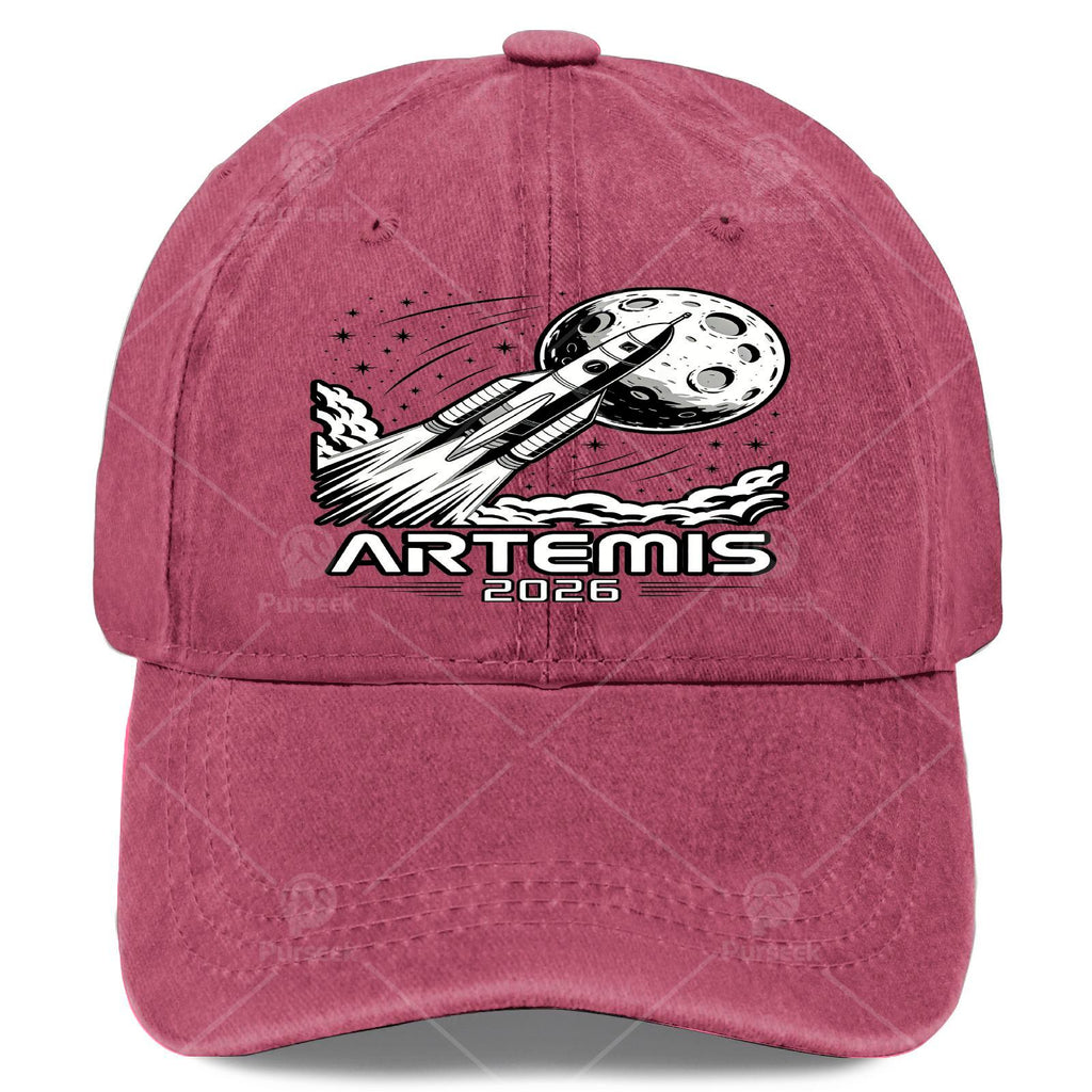 Artemis Launch to The Moon Retro Washed Distressed Baseball Cap - Unisex Full-Body Print with Artemis & Space, Lightweight Round Top Suitable for Christmas, 4th of, Events, Casual Wear, Hand Washable Vintage Hat