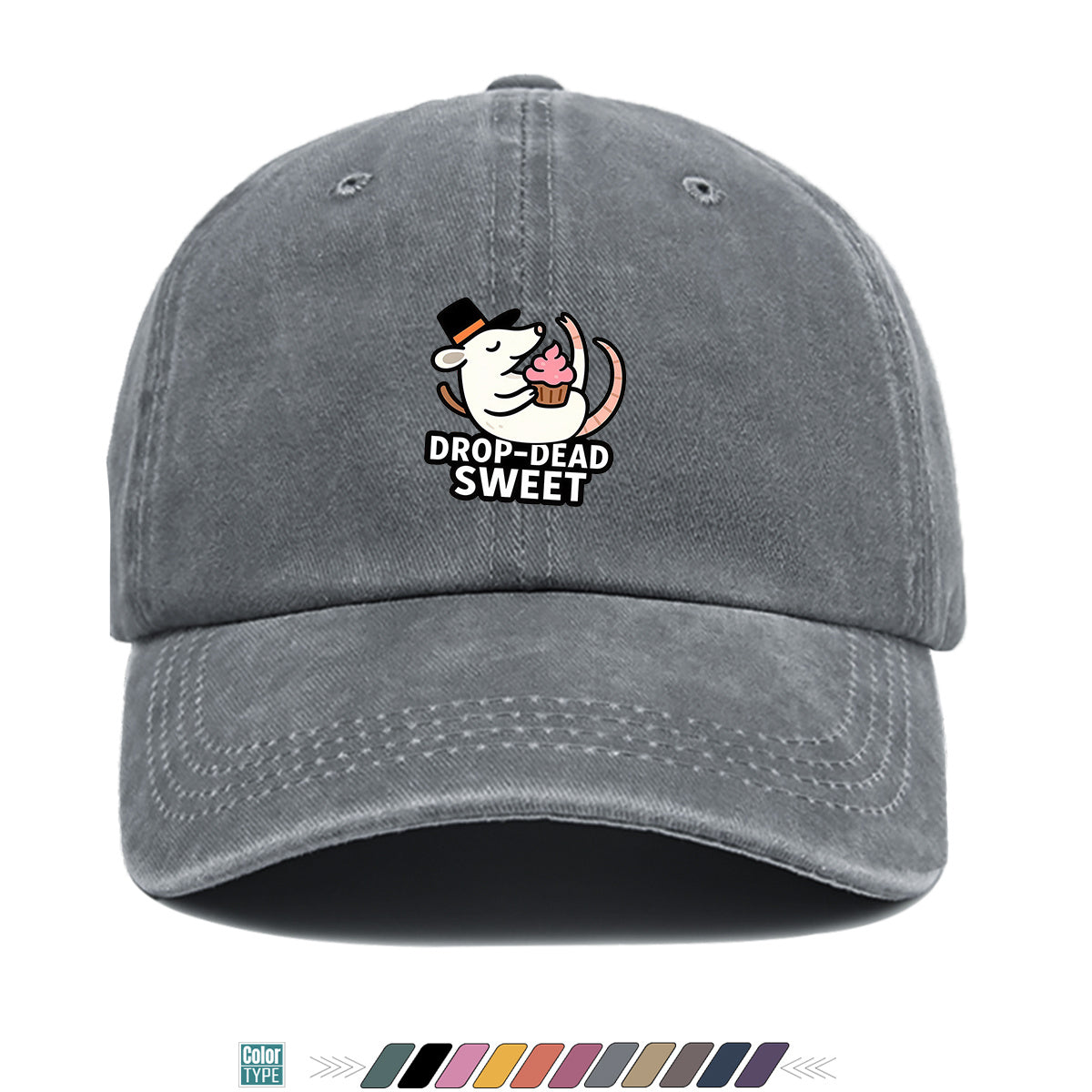 1pc 1pcs "DROP-DEAD SWEET" Mouse Top Hat & Cupcake Print Cap - Adjustable Unisex Baseball Hat Suitable for Parties, Travel, Daily Wear - Cute, Themed Outfits, Street Style for Men & Women (Powder Cream Cupcake)